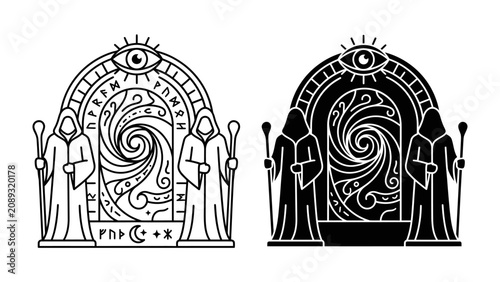 Photos Mystical Gateway: An arcane archway guarded by hooded figures, featuring swirling cosmic patterns and esoteric symbols, suggesting a passage to another realm or dimension