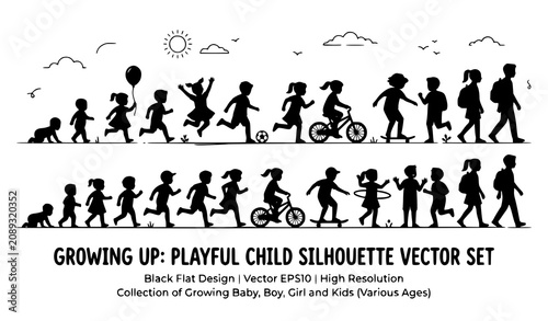 Generate a distinctive vector illustration containing 28 unique child silhouettes isolated on a solid white background. Create a dynamic staggered arrangement showing different stages of childhood fro