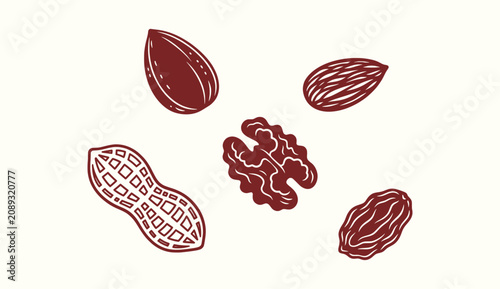 Foto Hand drawn nuts collection with almond walnut peanut and raisin icons isolated on cream background
