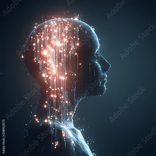 Human head silhouette with integrated circuit pattern digital illustration