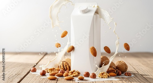 Sleek white cardboard carton of creamy almond milk stands on a rustic wooden table surrounded by raw nuts and fresh liquid splashes in light, photography, vitamin, kitchen