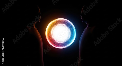 Two dark forms stand in a shadowy void as a brilliant, glowing sphere passes between them, representing a shared path of ambition and hope, transition, leadership, wisdom