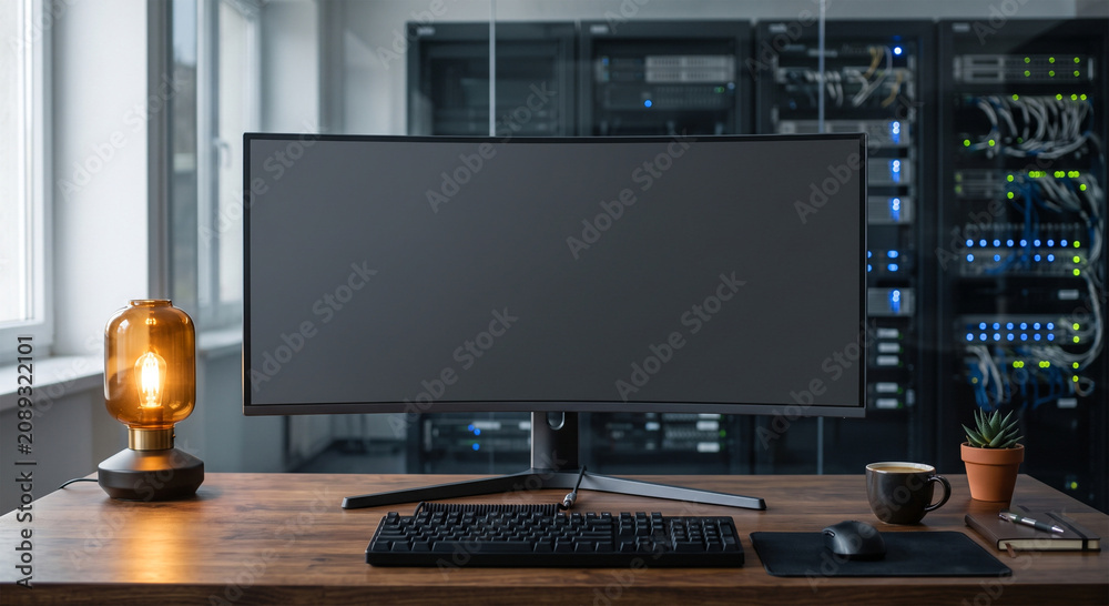Fototapeta premium Modern computer setup with server room technology background