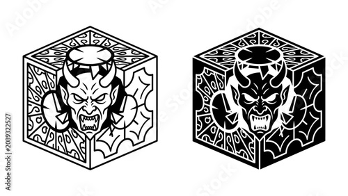 Bild auf Leinwand Demonic Cube Symbol: A striking graphic illustration of a cube featuring a fierce demon face with horns and an intricate, ominous design, presented in both black and white and inverted color schemes