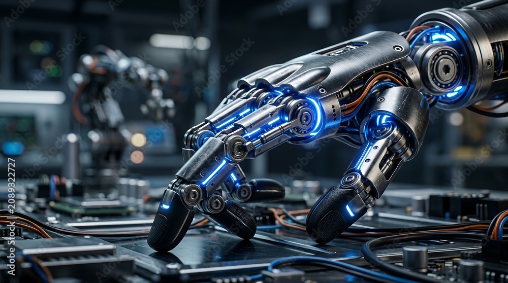 Fototapeta premium Futuristic Robot Hand Close-up with Blue Lights on Circuit Board - Technology Concept