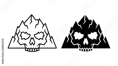 Skull Mountain Logo Pair: A striking graphic illustration features a skull merged with mountain peaks, presented in both outlined and silhouette versions, symbolizing danger and natural power.