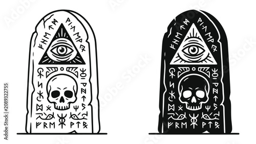 Canvas Print Mystic Runestone Symbols: An ancient stone tablet carved with enigmatic symbols including the all-seeing eye within a triangle, a skull, and mysterious runes