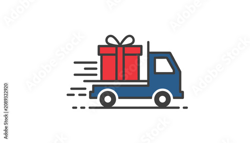 Fast moving blue delivery truck transporting a giant red gift box with speed lines on a plain white background.