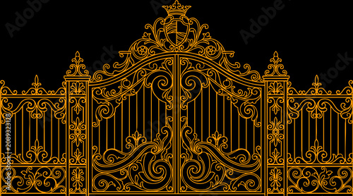 Foto Detailed golden vector illustration of a grand ornamental wrought iron gate with