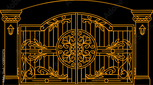 Obraz na płótnie Elegant golden wrought iron entrance gate vector illustration featuring intricat