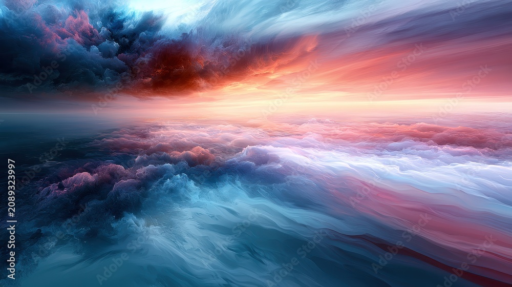 Fototapeta premium Surreal dreamlike landscape of swirling clouds at sunset