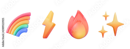 Tableau sur toile set 3d magical and energy icons with colorful rainbow, electric lightning, flame