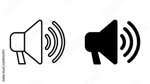 Foto Megaphone Icons: A pair of megaphone icons, one outlined and one solid black, symbolize announcement, communication, and public address with radiating sound waves