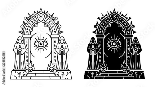 Konstfotografi Mysterious Portal Icon: An arcane gateway featuring an all-seeing eye, guarded by hooded figures and adorned with cryptic symbols and skull motifs, presented in both line art and silhouette styles
