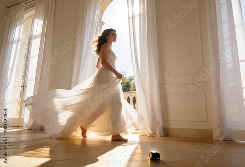 Bride in flowing wedding dress inside bright interior