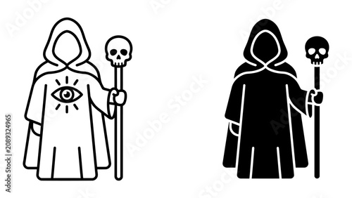 Foto Mystical Figure with Skull Staff and All-Seeing Eye Symbol: An enigmatic figure cloaked in a hooded robe, holding a staff topped with a skull, and adorned with an all-seeing eye emblem
