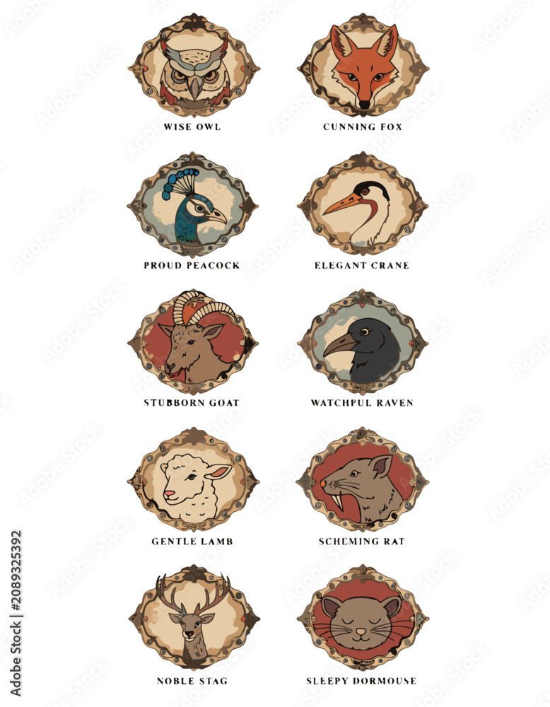 Fototapeta premium Oval Cameo Character Portraits Flat Vector Illustration Vintage Aesop Fable Stamps and Badges Set with Wise Owl Cunning Fox Proud Peacock and Noble Stag Isolated Collection for Marketing Packaging and