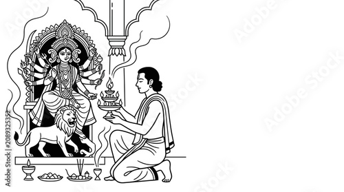A devotee performing a ritualistic prayer to Goddess Durga.