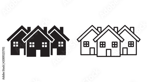 House icons, black and white, simple homes, residential symbols, vector graphics