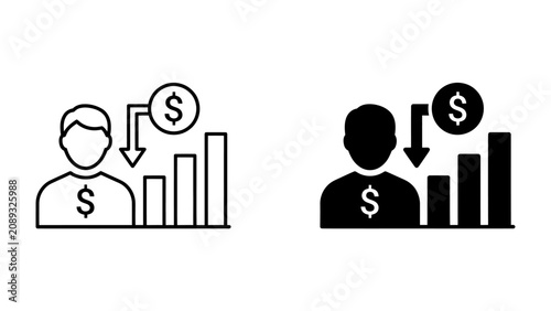 Tableau sur toile Financial Downturn: Icon representing a person with a dollar sign and a declining financial graph, symbolizing a business or economic slump and financial loss