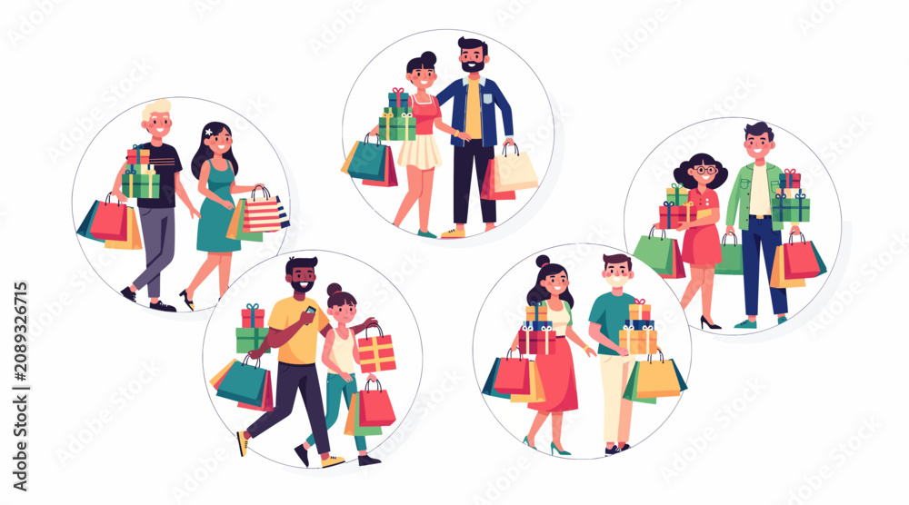 Fototapeta premium Happy diverse couples shopping with gift bags, flat design, vector, retail sale