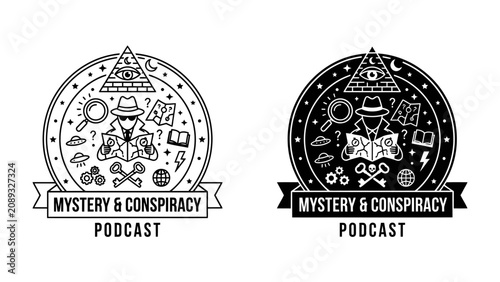 Foto Mystery & Conspiracy Podcast Logo: A stylized emblem features a detective figure engrossed in a book, surrounded by enigmatic symbols like an eye in a pyramid, magnifying glass, and crossed keys