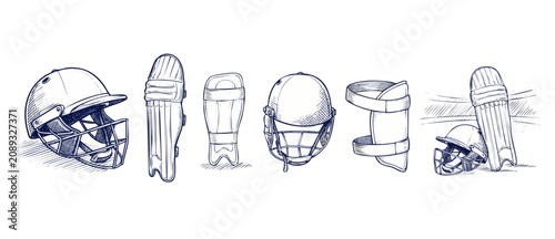 Tablou pe pânză Cricket equipment protective gear set hand drawn sketch style featuring safety helmet pads shin guard and arm protector items for sports players vintage line art design isolated on a white background