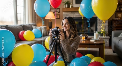 Woman Capturing Memories with Balloons and Camera in Cozy Room.