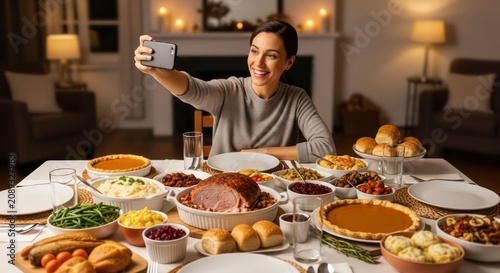Woman Capturing Thanksgiving Feast with Smartphone Selfie.