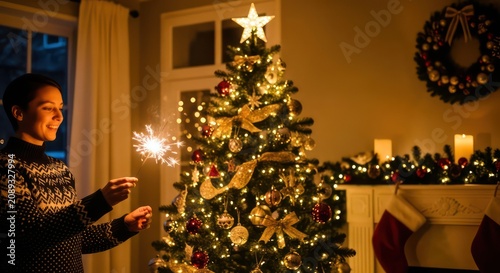 Woman Celebrates Christmas with Sparkler by Decorated Tree.