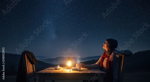 Woman enjoying a candlelit dinner under a starry night sky.