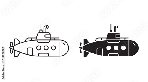Submarine icons, black and white submarine illustrations, vector submarine graphics, nautical symbols