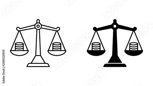 Bild auf Leinwand Scales of Justice with Coins: Two stylized illustrations of a weighing scale, one outlined and one solid black, each holding stacks of coins in its pans, symbolizing balance, finance
