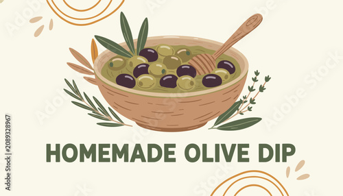 Delicious homemade olive dip served in a rustic wooden bowl with fresh green and black olives and rosemary.