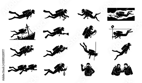 Obraz na plátně Black Silhouette Scuba Divers Vector Set Underwater Diving Illustration Isolated