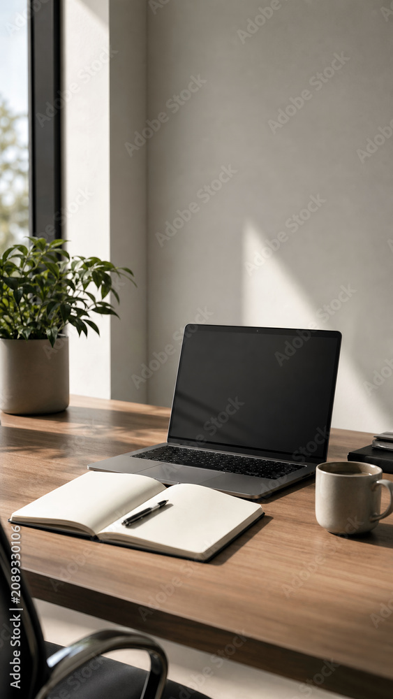 Fototapeta premium Clean Executive Desk With Laptop And Blank Notebook
