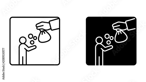 Konstfotografi Donation and Charity: A simple line drawing representing a donation, where a hand extends a pouch of coins to a recipient, symbolizing generosity and humanitarianism