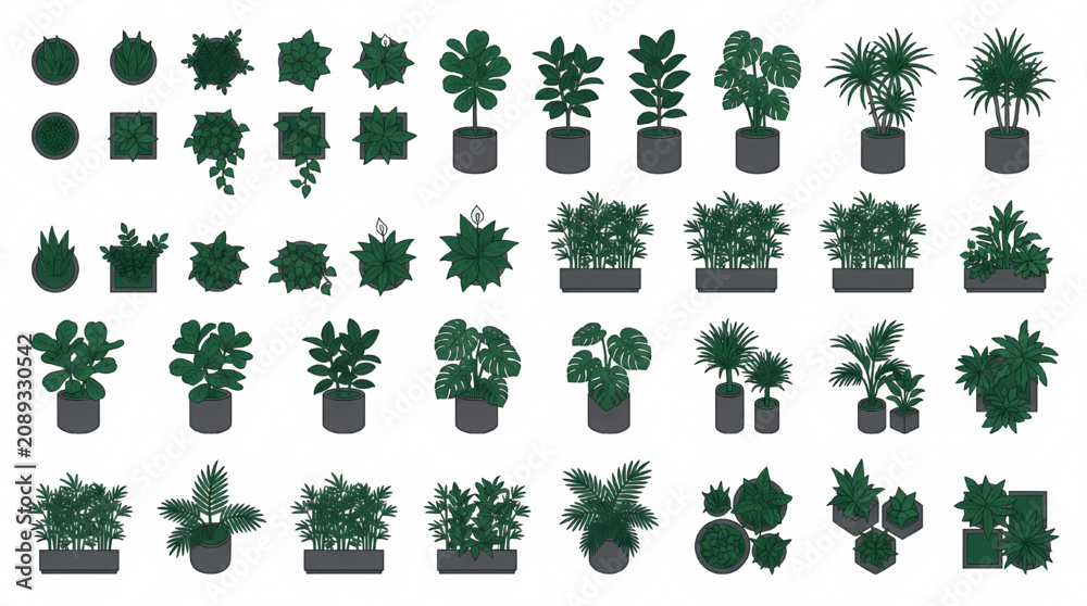Fototapeta premium Office Indoor Plant Icons Top View Architectural Vector Symbol Collection