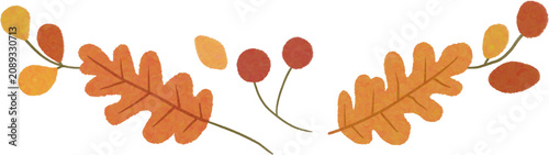 Autumn leaves and berries border element, cute hand-drawn oak leaf decoration for Thanksgiving and fall season.