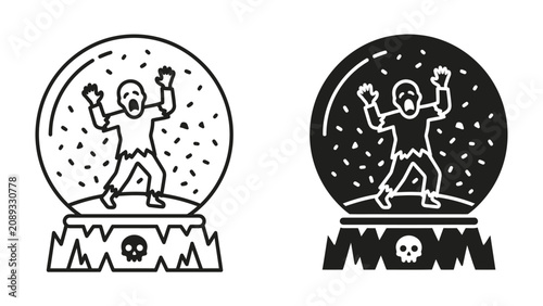 Foto Zombie Snow Globe: A creepy zombie trapped inside a snow globe, with a menacing skull base, illustrated in two contrasting styles for a frightful graphic resource