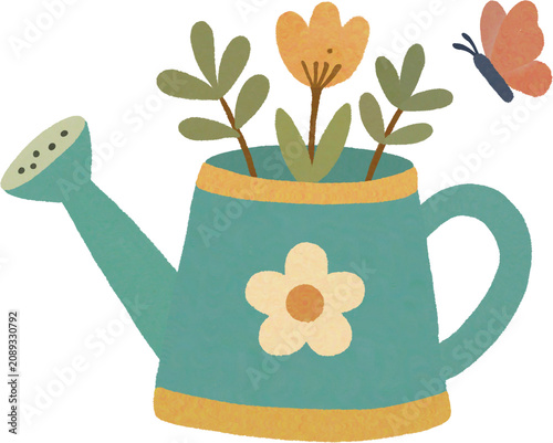 Cute watering can with blooming flowers and a little butterfly, hand drawn pastel illustration.