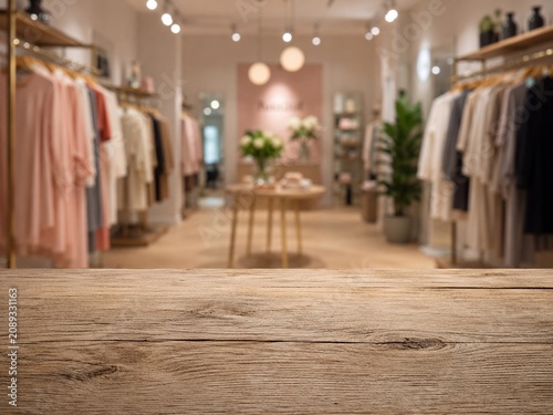 Wooden Tabletop In Modern Clothing Boutique Warm retail fashion store interior with wooden surface foreground, blurred clothing racks, soft lighting, and elegant shopping atmosphere