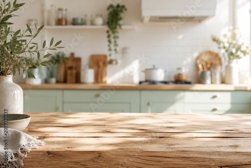 Rustic Wooden Table in Bright Farmhouse Kitchen Empty rustic wooden tabletop with folded linen cloth in a softly blurred white kitchen, perfect for product display and food styling