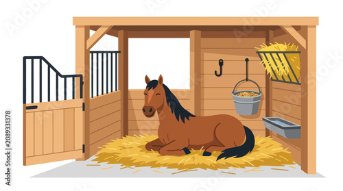 Foto Brown horse resting in a wooden stable stall.