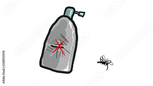 A harmful insect or mosquito flies in the air until the winged creature is sprayed with a fumigant from a can.