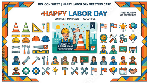 Happy Labor Day Icon Set - Vintage, Minimalist, Colorful - Greeting Card Design