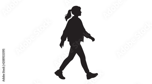 Black silhouette of a walking woman, side view, minimalist vector illustration, fitness and lifestyle icon