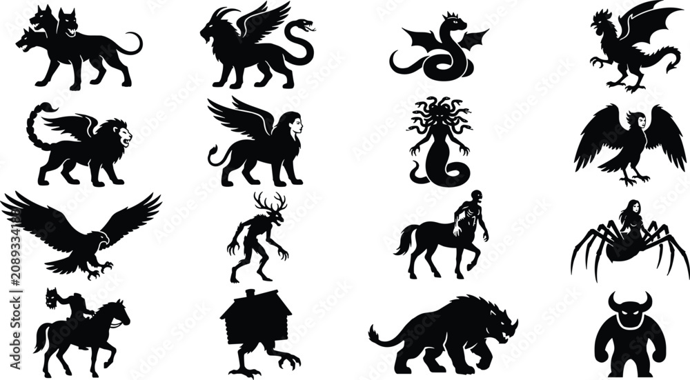 Fototapeta premium Mythical creature silhouette collection including cerberus medusa centaur harpy and various monsters.