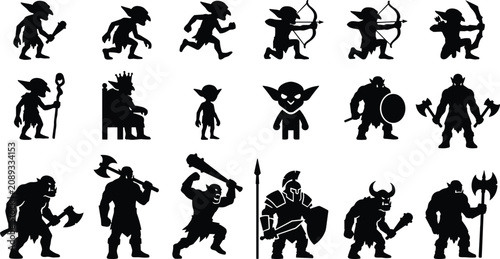 Fotografia Goblin and orc creature silhouettes set for fantasy game assets with weapons armor king characters