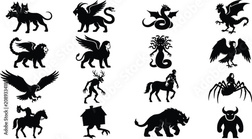 Fotografie Mythical creature silhouette collection including cerberus medusa centaur harpy and various monsters